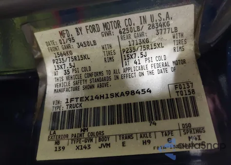 1995 Ford F150 from USA, damaged, VIN 1FTEX14H1SKA98454